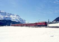 RhB REGIONALZUG 731 von St.Moritz nach Scuol am 26.02.1998 mit Ge 4/4II 629 - B 2266 - B 2303 - A 1238 - B 2373 - B 2425 - D 4204. Hinweis: Seit 22.11.1999 gibt es keine durchgehenden Planz�ge St.Moritz - Scuol.
