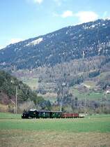 RhB DAMPF-GmP 3531 f�r Dampffreunde der RhB von Landquart nach Filisur am 23.04.1999 bei Bonaduz mit Dampflok G 3/4 1 - B� 2060 - D� 4052II - E 6604 - E 6605 - Kk 7046.
