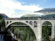 RhB DAMPF-GmP 3531 f�r Dampffreunde der RhB von Landquart nach Filisur am 23.04.1999 auf Soliser Viadukt mit Dampflok G 3/4 1 - B� 2060 - D� 4052II - E 6604 - E 6605 - Kk 7046.
