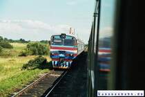 Begegnung des normalspurigen deutschen  Classic Courier  mit einem breitspurigen Dieseltriebzug DR1 auf der Strecke Mamonovo (Heiligenbeil) - Kaliningrad (K�nigsberg) am 02.08.2005 in der N�he des fr�heren Bahnhofs Kobbelbude.