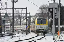 Heute stand in Welkenraedt ein Testzug mit den neuen Siemens EuroSprinter 1811 und 1860 an je einem Zugende. Nachts unternehmen sie Testfahrten auf der nahe gelegenen Hochgeschwindigkeitsstrecke. Softwareprobleme haben die Inbetriebnahme immer wieder hinausgez�gert. Von einem Lokf�hrer erfuhr ich, dass sie normalerweise ab M�rz 2011 im Personenverkehr eingesetzt werden sollen, und dort die Serie 13 ersetzen werden. Aufgenommen am 04/12/2010 von der �ffentlichen Strasse.