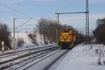 Mak 1206 der MEG (Lok 212) mit Kohlependel Richtung W�hlitz fahrend,im ehemaligen HP Schkortleben ( nur Strecke Gro�korbetha-Deuben)erkennbar an der fehlenden Oberleitung �ber diesem Gleis.am 06.12.2010 