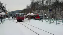 Zugkreuzung im Bahnhof Olbernhau: Ferkeltaxi-Sonderzug aus Neuhausen kreuzt mit RB 30871 der Erzgebirgsbahn. Sonderfahrt der Interessengemeinschaft Ferkeltaxi e.V. am 05.12.2010 auf der Fl�hatalbahn von Chemnitz nach Neuhausen im Erzgebirge. Es war die erste �ffentliche Zugfahrt auf dem Streckenabschnitt Olbernhau-Gr�nthal - Neuhausen seit Einstellung des Personenverkehrs im Mai 2001. Der Zug bestand aus den Tw/Bw 172 171-1, 972 760-3 und 172 132-3.