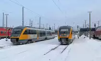 Hier sieht man das Treffen zweier ODEGs. Links der Desiro nach Forst und Rechts nach Zittau. Cottbus den 27.12.2010

