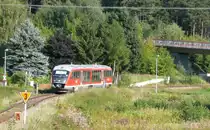 642 110 am 30.8.08 auf dem Weg nach Wicklesgreuth. Gerade hat er Windsbach verlassen und ist unter der Br�cke der Umgehungsstra�e durchgefahren.