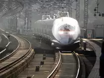 Shinkansen Series 500 als Hiraki der JR West am 08.11.2010 bei der Einfahrt nach JR Shin-Yamaguchi. Gut zu erkennen das Durchfahrtsgleis in der Mitte, von wo aus die Z�ge beim Halten ausscheren.