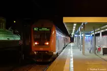 Auf Gleis 1 in Rathenow steht der RE2 (RE 37387) nach K�nigs Wusterhausen. 04.02.2011