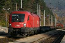 1116 183-3 zieht einen G�terzug auf der Semmeringbahn. Hier zu sehen bei der Durchfahrt im Bahnhof Payerbach-Reichenau. (1.11.2005)