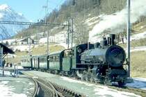 RhB DAMPFZUG f�r GRAUB�NDEN TOURS 3723 von St.Moritz nach Scuol am 02.03.1997 in Lavin mit Dampflok G 4/5 108 - A� 1102 - B� 2060 - D� 4052I - B 2245.
