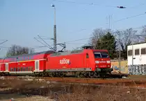 Am Veilchendienstag verl�sst die 145 036-0 mit einer RE4 den Rheydter Hbf in Richtung Aachen. 8.3.2011