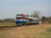 Ein VT 643 der Prignitzer Eisenbahn ist als RB51  Westm�nsterland-Bahn  von Enschede nach Dortmund zwischen Rosendahl-Holtwick und Coesfeld (Westf) unterwegs.
Rosendahl-Holtwick, 12.03.2011