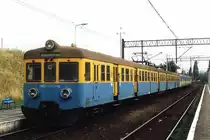 Drei Lackierungen der EN57. Die EN57-976rb / EN57-976s / EN57-976ra und EN57-1357rb / EN57-1357s / EN57-1357ra mit Regionalzug 87230 Kostrzyn-Rzepin auf Bahnhof Kostrzyn am 18-7-2005. Bild und scan: Date Jan de Vries.