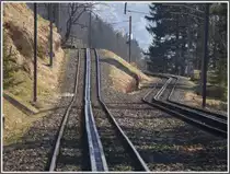Zwischen Freibergen und Rigi Kaltbad First erkennt man gut, dass das zweite Geleise der Doppelspur zu einem sp�teren Zeitpunkt entstanden ist. (14.02.2011)