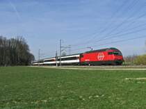 IR 2130 (Konstanz-Biel/Bienne), gezogen von Re 460 045 erreicht den Kulminationspunkt der Linie Konstanz-Weinfelden bei Altishausen. (24.M�rz 2011)