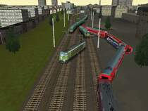  Kleiner  Zwischenfall bei D�sseldorf. Gerade als mir ein Nahverkehrszug mit einer 143 entgegenkommt, entgleist mir der dritte Wagen und stellt sich quer.