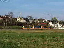 23.03.2011: Unbekannter Triebwagen mit Werbung von KVV Quattro bei Ober�wisheim.