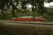 Der Train Touristique de l'Albret (TTA) mit jeweils einer Draisine vom Typ DU 65 als Zug- und Endfahrzeug unterwegs auf der seit dem 17.04.2004 befahrenen 13 km langen Strecke von N�rac nach M�zin an der Grenze der Departements Lot et Garonne, Gers und Landes. (17.09.2010) 
