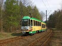 Sch�neiche: Stra�enbahn(ex Cottbus) auf Betriebsfahrt nahe der Haltestelle Sch�neiche Waldstra�e.(18.4.2011)