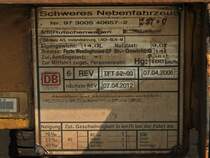 Das Typenschild eines Rutschenwagen, gesehen am 22.04.2011 in Aachen West.