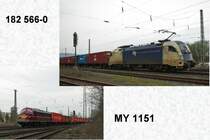 Ein Containerzug, zwei Loks. Vorne ziehend: 182 566 (ES 64 U2-066) und hinten schiebend: Nohab MY 1151. Hier in Fahrtrichtung S�den durch Eschwege West. Aufgenommen am 03.04.2011.