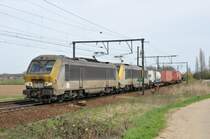 Zwei vor Dreck strotzende 1324 und 1329 ziehen einen Containerzug �ber die Schleife bei Ekeren. Aufgenommen am 02/04/2011.