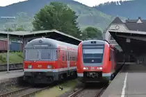 Hier links RE14067 von Hannover Hbf. nach Bad Harzburg und rechts 612 014 und 612 659 als RE4 von Halle(Saale) Hbf. nach Hannover Hbf., diese beiden Z�ge standen am 22.5.2011 in Bad Harzburg.