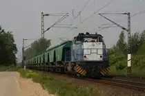 Rurtalbahn MaK G1206 V155 mit einem leeren Getreidezug in Meerbusch-Osterrath am 21.05.2011