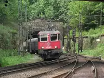 421 383-1 der SBB zieht am 28. Mai 2011 einen IGE Sonderzug nach W�rzburg Hbf aus dem Schwarzkopftunnel bei Heigenbr�cken heraus.