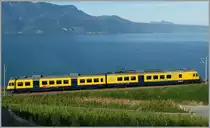 Passt genau zwischen die Fahrleitungsmaste: Der Train des Vignes auf der un�bersehbaren 38 Promille Strecken bei Chexbres. 
Leider fielen beim Ausrichten des Bildes die Spitzen der Savoyer Alpen zum Opfer.
Bei Chexbres, den 29. Mai 2011