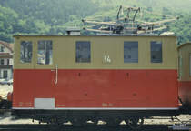 SPB - Zahnradlok He 2/2  14 im Betriebsareal in Wilderswil im Juni 1985 .. Bild ab Dia