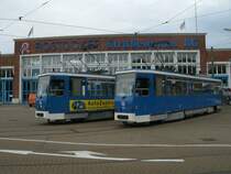 Stra�enbahntriebwagen 804 und 801,am 28.Mai 2011,im Depot Hamburger Stra�e in Rostock aufgenommen von der Stra�e aus.