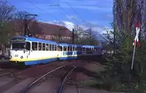 Das Schweriner Gespann aus Tw 111, 211 und Bw 311 an der Hst. Gartenstadt, 07.05.2001.