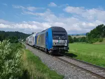 Die 2016 903 der LTE stattete der Wieserbahn am 27.06. 2011 in Form von eime Zugpaar einen Kurzbesuch ab, ehe sie mit einem Güterzug nach Koper fuhr. Dieses Bild zeigt die Maschine als R 4366 zwischen Wies und Pölfing-Brunn.