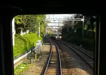 Mit der neuen Serie 1000 der Inokashira-Linie nach Tokyo hinein: Hier mitten in Tokyo sind trotz der Enge die Gärten und Böschungen schön gepflegt. Der weisse Zug Nr. 9 (Endwagen 1709) kommt entgegen. Tokyo-Ikenoue, 25.November 2009. (Aufnahme durch die verglaste Führerstandrückwand eines Gegenzugs)