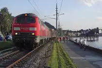 225 028-0 und eine weitere unerkannt gebliebene 225er ziehen am 16.08.2011 einen auf Grund der Arlbergsperre umgeleiteten G�terzug, bestehend aus 6 Wagen, zwischen Bregenz und Lindau am Bodenseeufer entlang Richtung M�nchen.