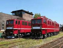 Zwei beim diesj�hrigen Heizhausfest in Chemnitz-Hilbersdorf relativ wenig beachtete, aber dennoch beachtliche Holzroller, ausgestellt am 20.08.2011:
die zugstarke Baureihe E42 (242 002) mit 4 Fahrmotoren als  M�dchen f�r alles  und die spezielle BR 251 (50 Hz) (251 012) mit sechs Fahrmotoren f�r die Steilstrecken-Kalkzugtransporte auf der R�belandbahn.
Die Ursprungslackierung beider LEW-Lokomotiven war gr�n.