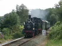 91 134 mit dem Mecklenburger Traditionszug vom  Mecklenburgischen 
Eisenbahn- und Technikmuseum  (Schwerin) von Rostock nach Bad Doberan zum  MOLLI -Fest, hier in Doberan am B� Moorbad
7.8.2011