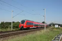 Wahrscheinlich auf Probefahrt war dieses Talent 2-P�rchen (mit 442 227 an der Spitze) auf der Bahnstrecke zwischen Halle und Wei�enfels. Fotografiert am 18.08.2011 bei Schkortleben. Gru� an den Tf.