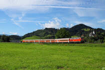 218 480-2 mit dem RE 57571 bei Blaichach vor der Kulisse des Örtchens Seifriedsberg. (16.8.2011)