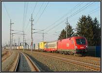 1016 045 kurz nach der Durchfahrt in Kalsdorf mit einer RoLa Richtung Slowenischer Grenze am 20.3.2006