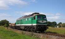 V300 004 (ehem. 232 429) der Wismut mit einem Leerzug Sand-Kippwagen vom Sanierungsgebiet nahe Ronneburg nach Kayna in Lumpzig-Hartha, 11.8.011. 
