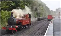 Bei regnerischem Wetter setzt sich die gut 100j�hrige Lok 4 vor unsern Zug, der trotzdem gut besetzt um 10.00 Uhr den Bahnhof Douglas, unweit des F�hrhafens, verlassen wird. (10.08.2011)