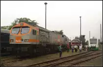Alte Bekannte beim 8. Berliner Eisenbahnfest: hvle V330.1, VT 201 der Erfurter Bahn und hinten gr��t 130 101-9 die Besucher (gesehen 10.09.2011 Bw Sch�neweide)