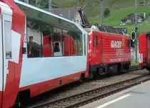 HGe 4/4 II Nr.4 verl�sst am verl�sst am 11.08.10 mit D 906 den Bahnhof Andermatt in Richtung Oberalppass.
