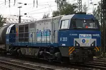 Die Rurtalbahn V203 am 26.8.11 bei der Durchfahrt durch Duisburg-Entenfang.