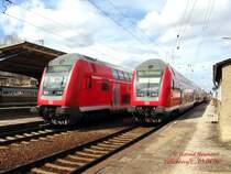 Zwei RE160-Wagenz�ge begegnen sich t�glich um 14 Uhr in Falkenberg/Elster. Hier zu sehen zwei DB763.5 Steuerwagen. 02.04.06