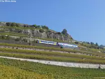 Die Ablieferung der neuen Zwischenwagen f�r die DPZ geht wacker voran. Doch zuerst m�ssen die NDW's vom Bombardierwerk in Villeneuve nach Z�rich �berf�hrt werden. Am 3.10.2011 war der RBe 540 013-0 mit dem NDW 008 damit besch�ftigt, den Wagen heil durch die Rebberge des Lavaux zwischen Vevey und Chexbres in die Deutschschweiz zu �berf�hren.