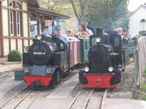 Lok 99 6001-4 und Mecklenburg im Bahnhof der Steiner Liliputbahn an Ostern 2004.