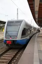 646 102 und 646 152, zwei GTW der UBB warten im Bahnhof Stralsund auf Abfahrt mit dem Ziel Swinoujscie Centrum. Aufgenommen am 07.08.2011.