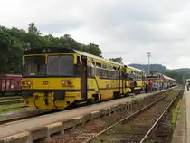Drei Farbvariante der BR 810. Am 6-8-2011 war eine Gruppe Sch�ler unterwegs und deswegen auch ein Motorwagen und eine Beiwagen von Viamont. Die 810 205-5 (Viamont) mit Os 15710 Trutnov Hlavn� N�dra��-Svoboda nad �pou und 754 078-4 mit R 851 Praha Hlavn� N�dra��-Trutnov Hlavn� N�dra�� auf Bahnhof Trutnov Hlavn� N�dra�� am 6-8-2011.
